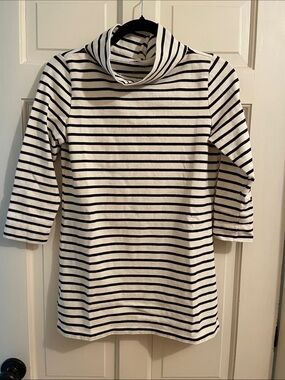 Lands' End Women's White and Black Striped Mock Turtleneck Top